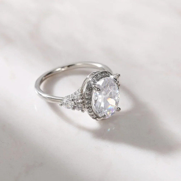 ▶Beautiful Noble Oval Pure CZ Macro Pave Silver Wedding Luxury Rings, K936